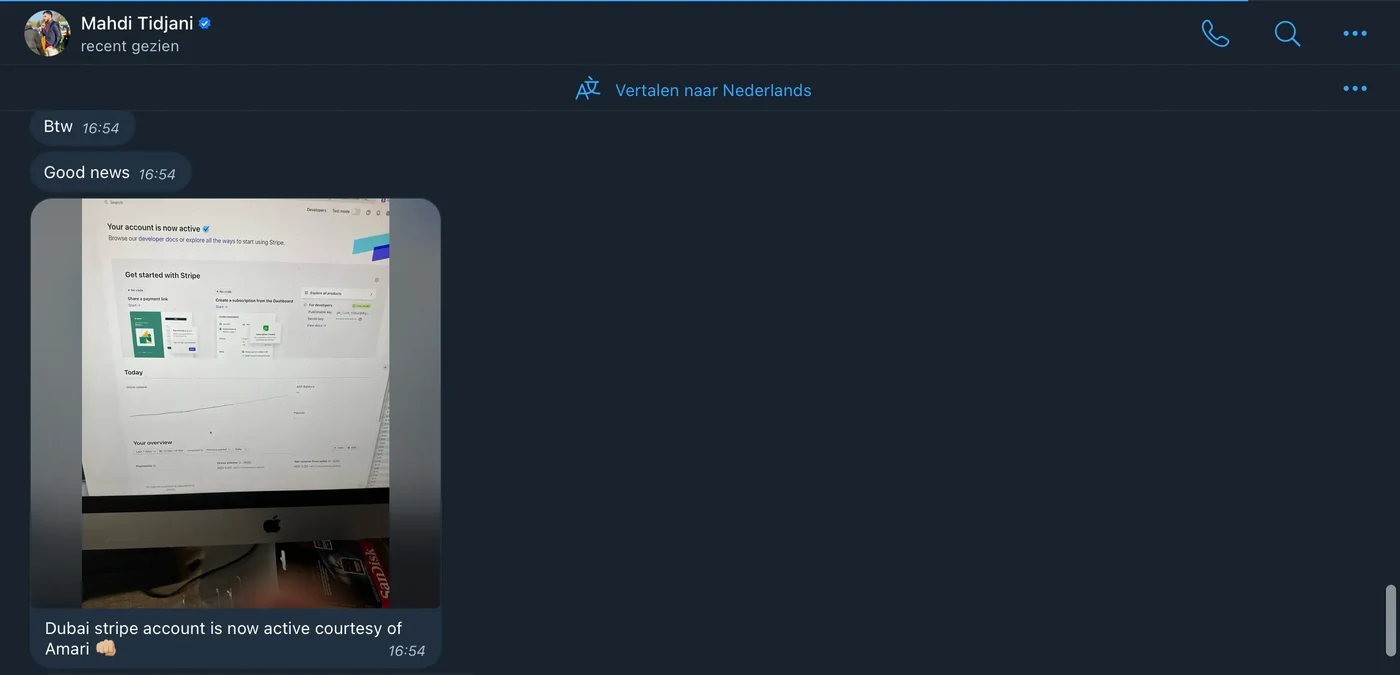 Skype message announcing that a Dubai Stripe account is now active, with a photo of the Stripe dashboard.
