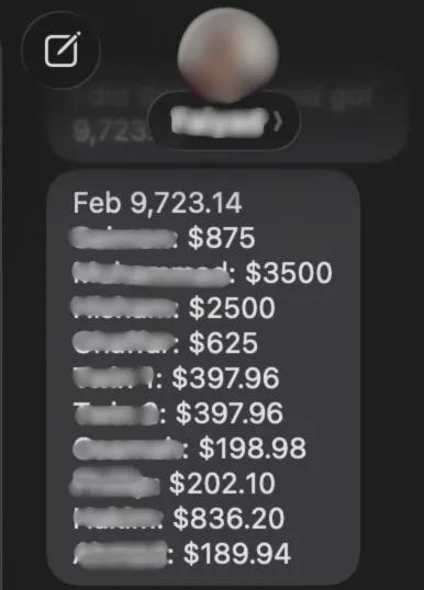 Message thread listing a $9,723.14 monthly payout, the name beside each amount blurred out.