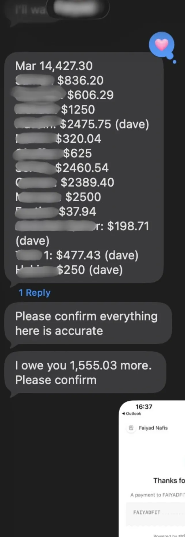 Message thread listing a $14,427.30 monthly payout, the name beside each amount blurred out, next to a Stripe payment confirmation.