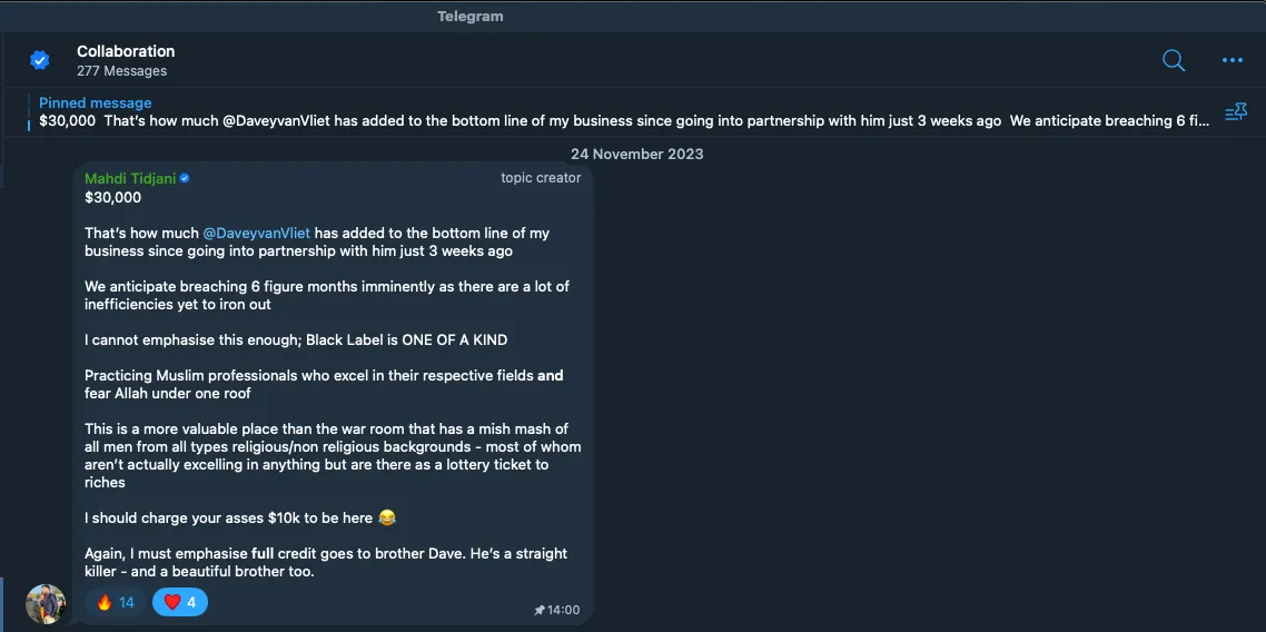 Telegram message from a client crediting Dave Van Vliet with adding $30,000 to the bottom line of the business in three weeks.